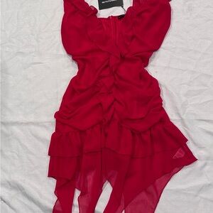 PrettyLittleThing Red Asymmetrical Ruched Sundress